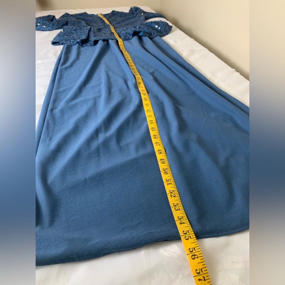 Modest Evening Dress Teal Blue long sleeve Stretch Sequins belt Sz 44 (Turkey) - Picture 8 of 17